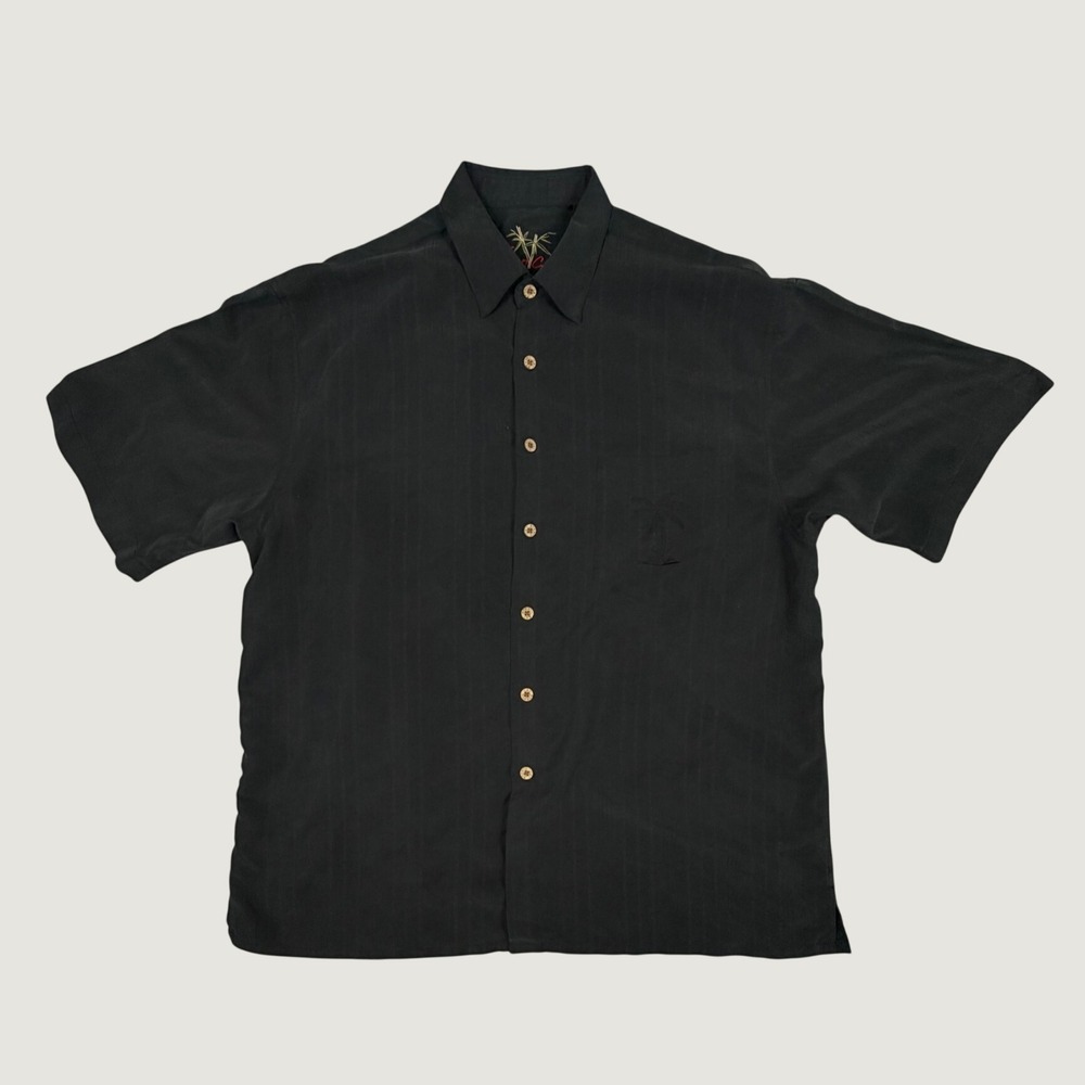 Bamboo Cay Mens Black Short Sleeve Palm Tree Embroidered Camp Shirt Large